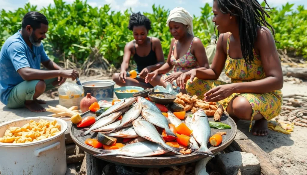 Traditional Guyanese seafood dish being prepared at Shell Beach Islands