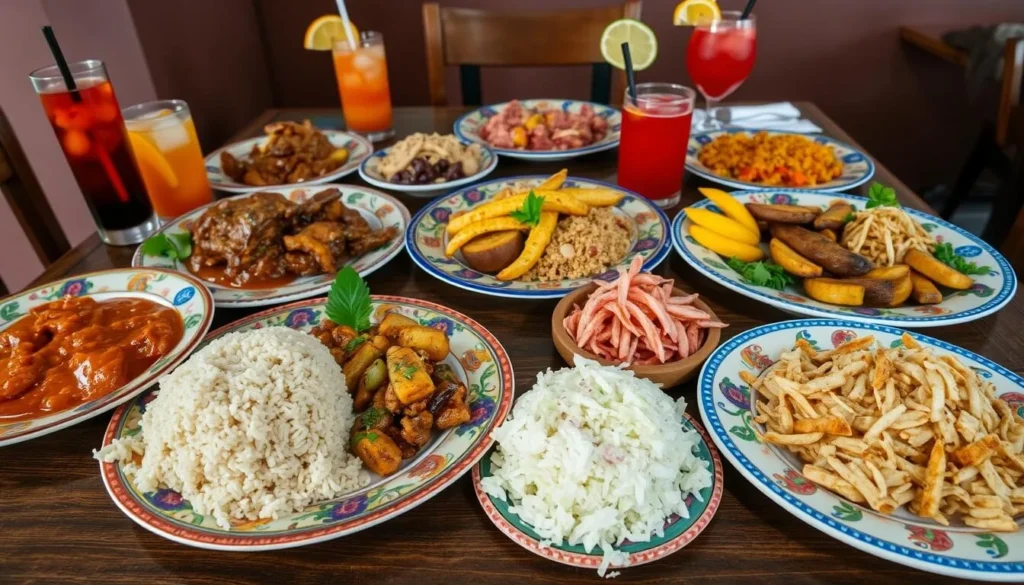 Traditional Haitian food including griot, rice and beans, and plantains