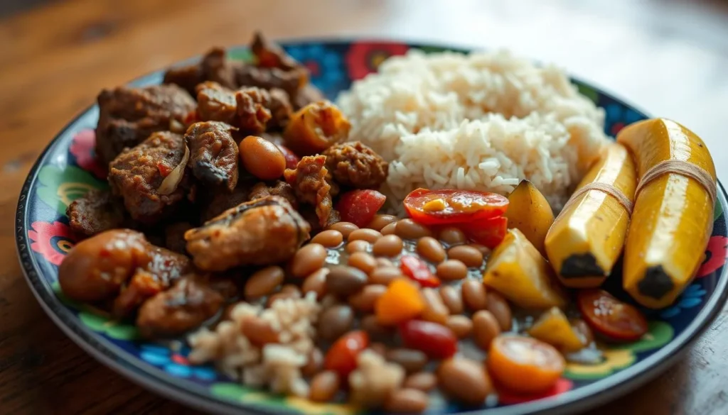 Traditional Haitian meal with griot, rice, and pikliz