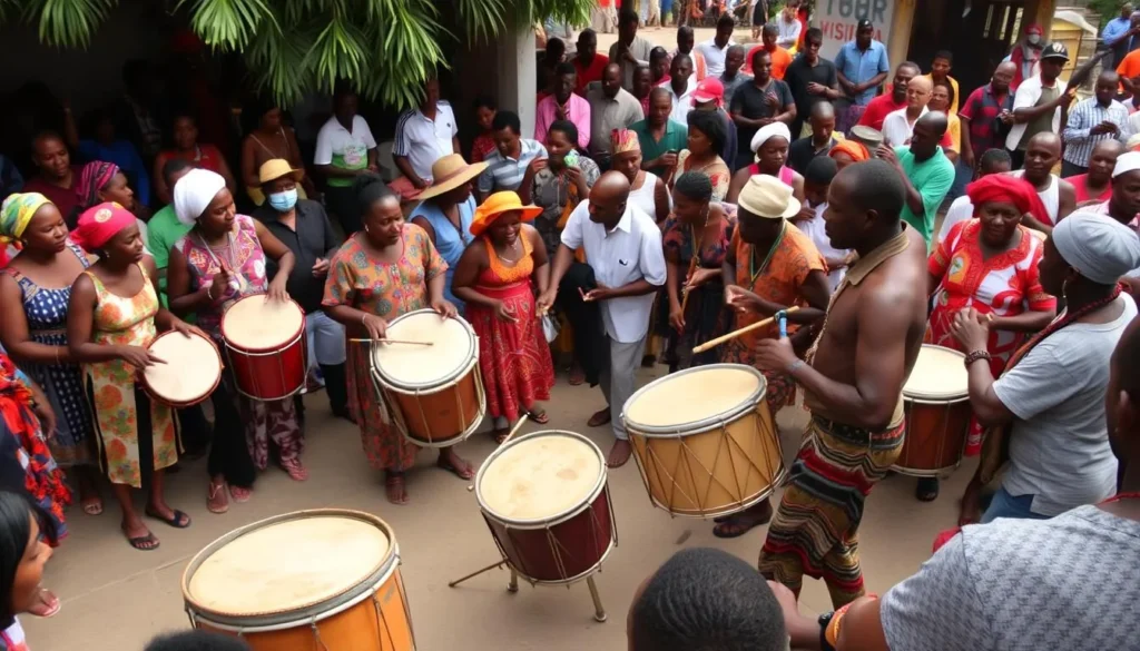 Traditional Haitian music performance with drums and dancers