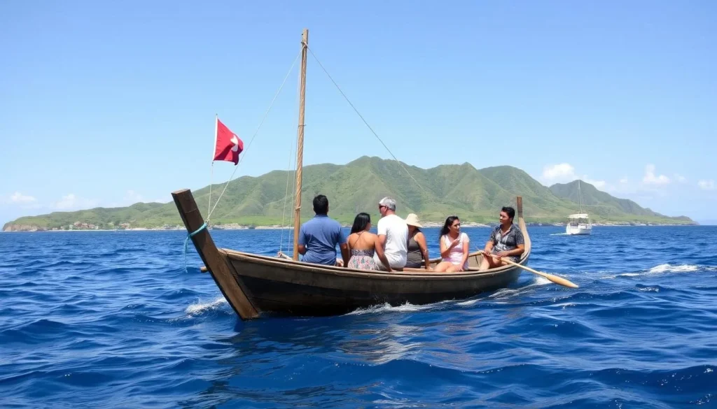 Traditional Ivatan boat (faluwa) approaching Batan Island's shore with passengers Traditional Ivatan boat (faluwa) approaching Batan Island's shore with passengers