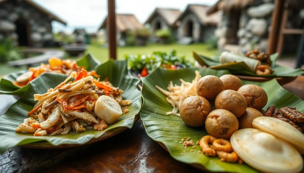 Traditional Ivatan cuisine featuring fresh seafood and local dishes served on banana leaves Traditional Ivatan cuisine featuring fresh seafood and local dishes served on banana leaves