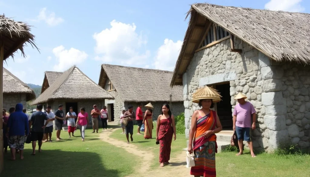 Traditional Ivatan stone houses in a village with locals wearing vakul (traditional headgear) Traditional Ivatan stone houses in a village with locals wearing vakul (traditional headgear)