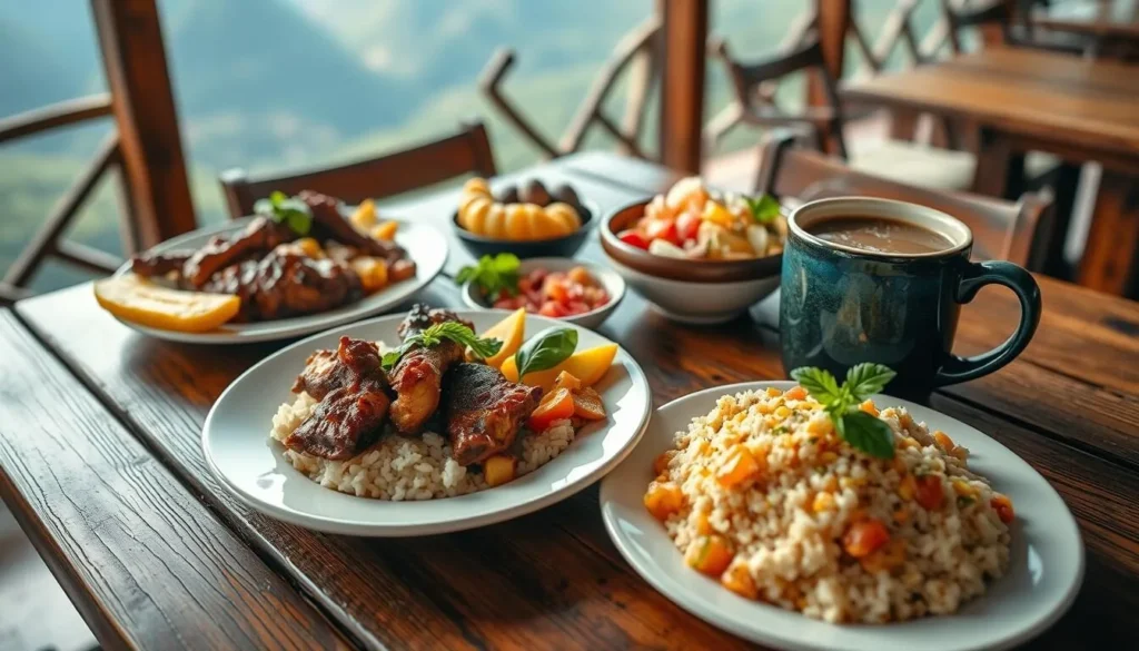 Traditional Jamaican cuisine served at a Blue Mountain restaurant with coffee, perfect for visitors exploring Blue Mountains Jamaica things to do