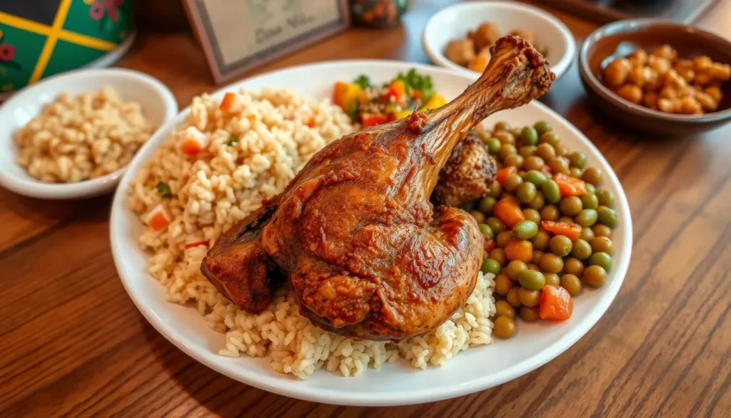 Traditional Jamaican jerk chicken with rice and peas served at a Kingston restaurant