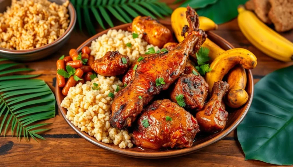 Traditional Jamaican jerk chicken with side dishes Traditional Jamaican jerk chicken with side dishes