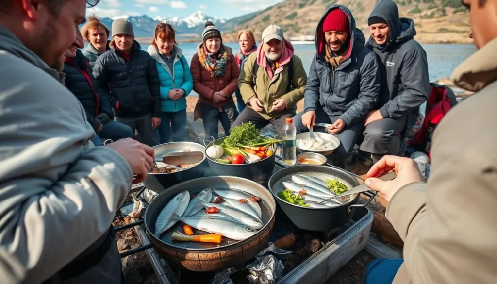Traditional Kamchatka cuisine being prepared at a campsite with fresh fish and local ingredients Traditional Kamchatka cuisine being prepared at a campsite with fresh fish and local ingredients