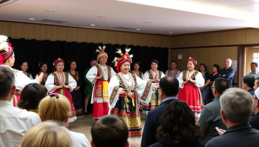 Traditional Kamchatka cultural performance with indigenous dancers in traditional attire Traditional Kamchatka cultural performance with indigenous dancers in traditional attire