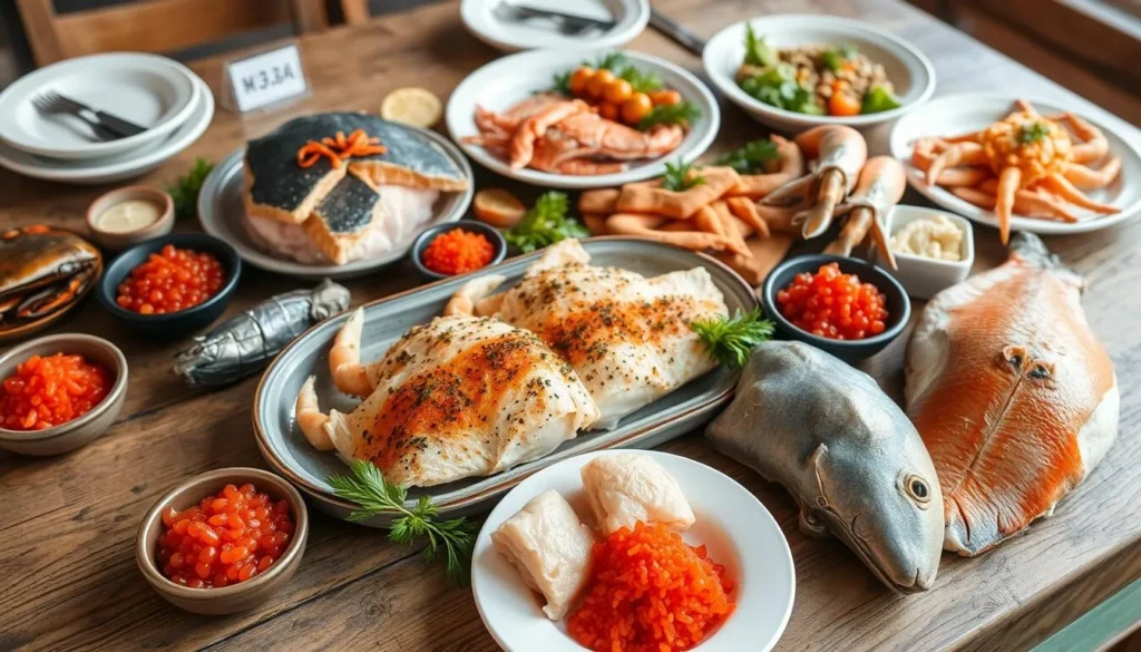 Traditional Kamchatka seafood spread featuring fresh salmon, crab, and caviar Traditional Kamchatka seafood spread featuring fresh salmon, crab, and caviar