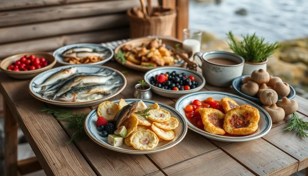 Traditional Karelian cuisine with fish dishes and kalitki pastries
