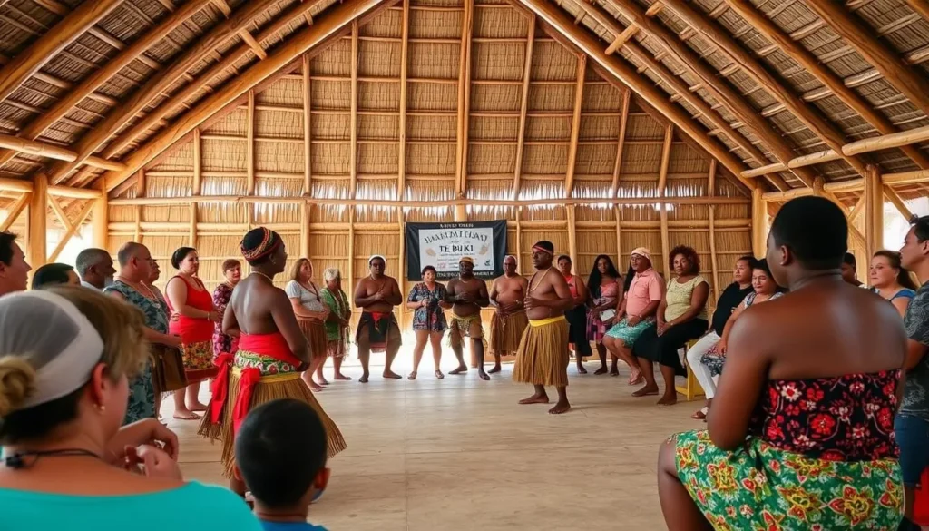 Traditional Kiribati cultural dance performance in a maneaba (meeting house)