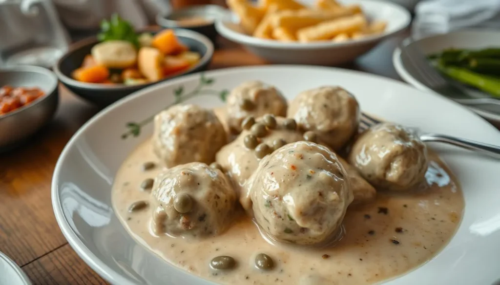 Traditional Königsberger Klopse dish served in a Kaliningrad restaurant