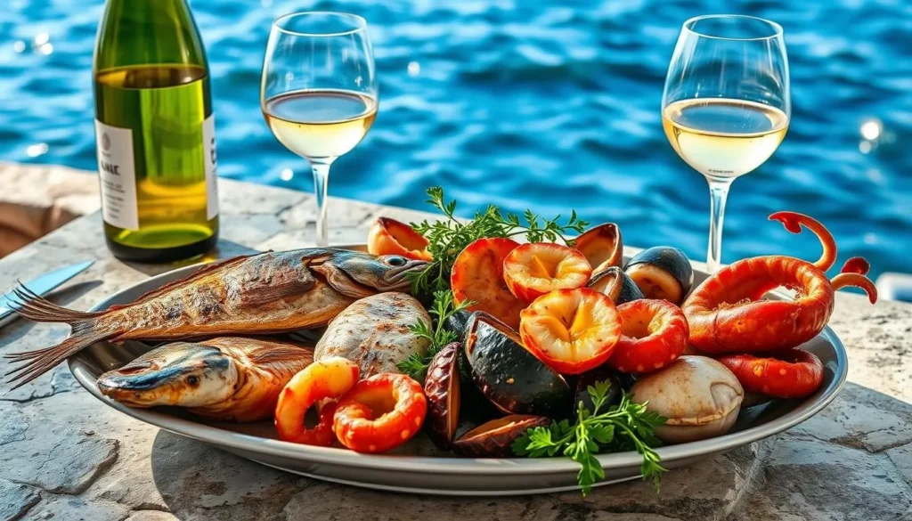 Traditional Korculan seafood platter with local wine at a waterfront restaurant