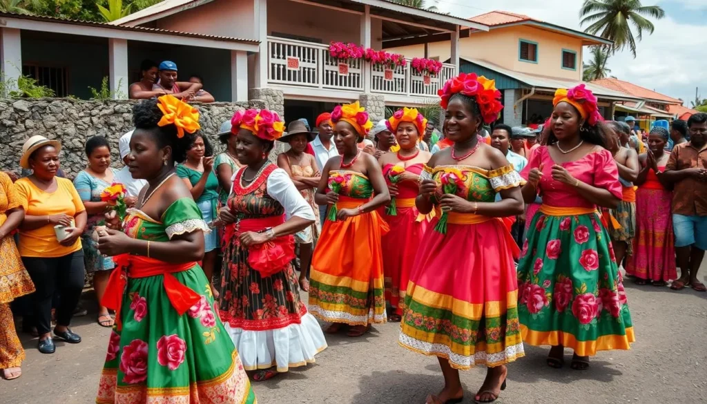 Traditional La Rose Festival celebration in Micoud with colorful costumes and dancing