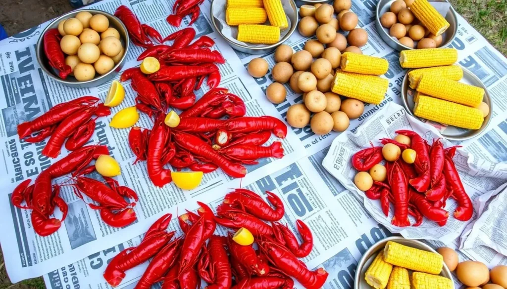 Traditional Louisiana crawfish boil with corn and potatoes near Bayou Macon Traditional Louisiana crawfish boil with corn and potatoes near Bayou Macon