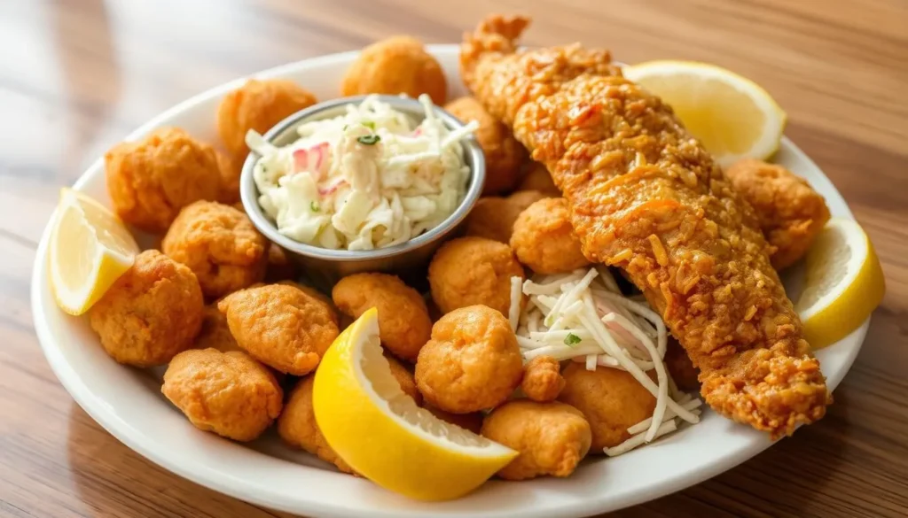 Traditional Louisiana seafood platter featuring local fish from Bayou Bartholomew Traditional Louisiana seafood platter featuring local fish from Bayou Bartholomew