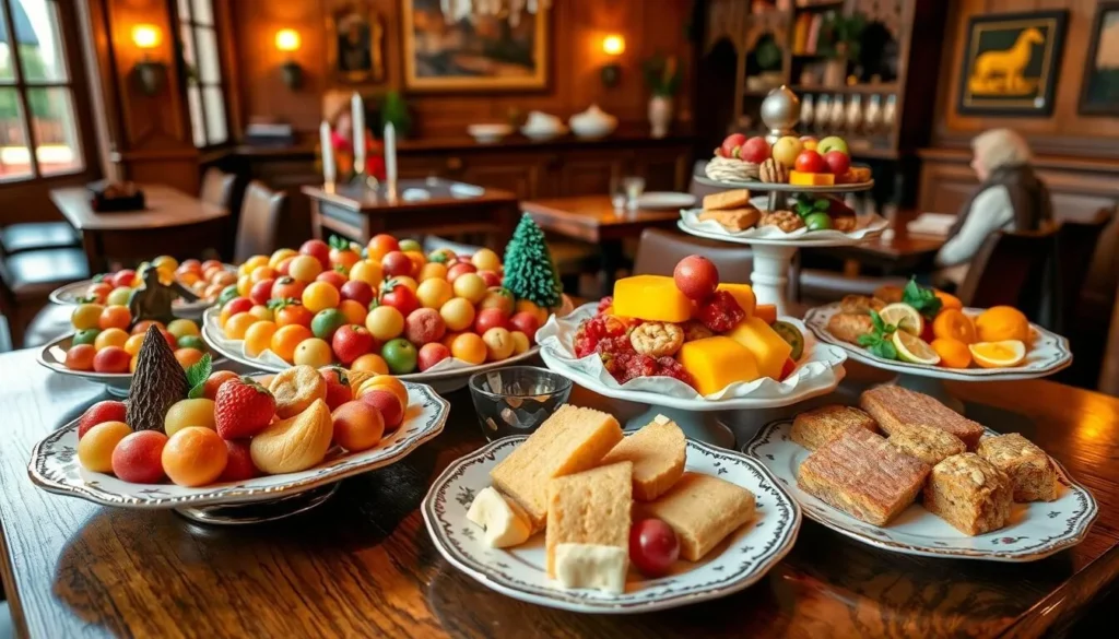 Traditional Lübeck marzipan treats and local cuisine displayed in a restaurant or café setting