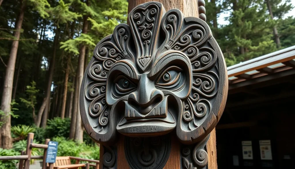 Traditional Māori carving at the entrance to a cultural center in Te Anau