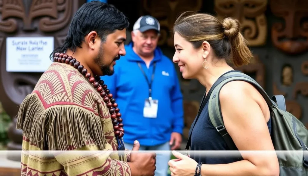 Traditional Māori greeting (hongi) between a local and tourist