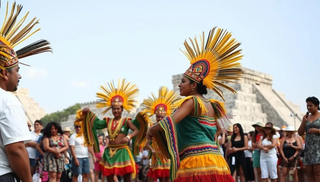 Traditional Mayan cultural performance with colorful costumes near Chichen Itza