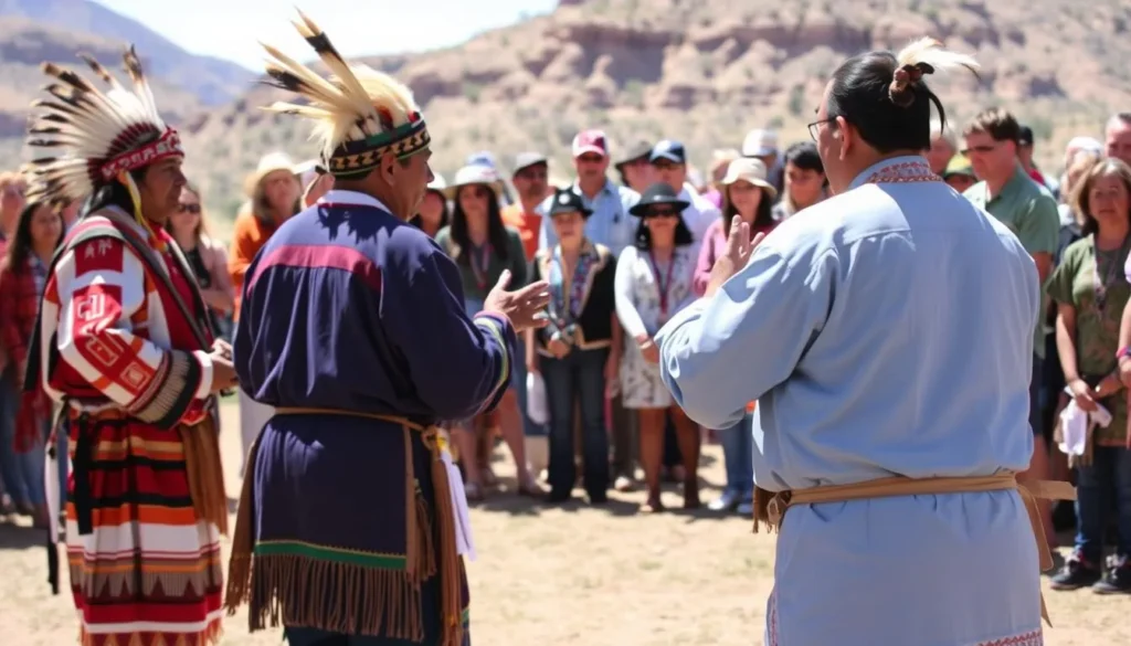 Traditional Native American cultural demonstration near El Malpais with diverse audience watching Traditional Native American cultural demonstration near El Malpais with diverse audience watching