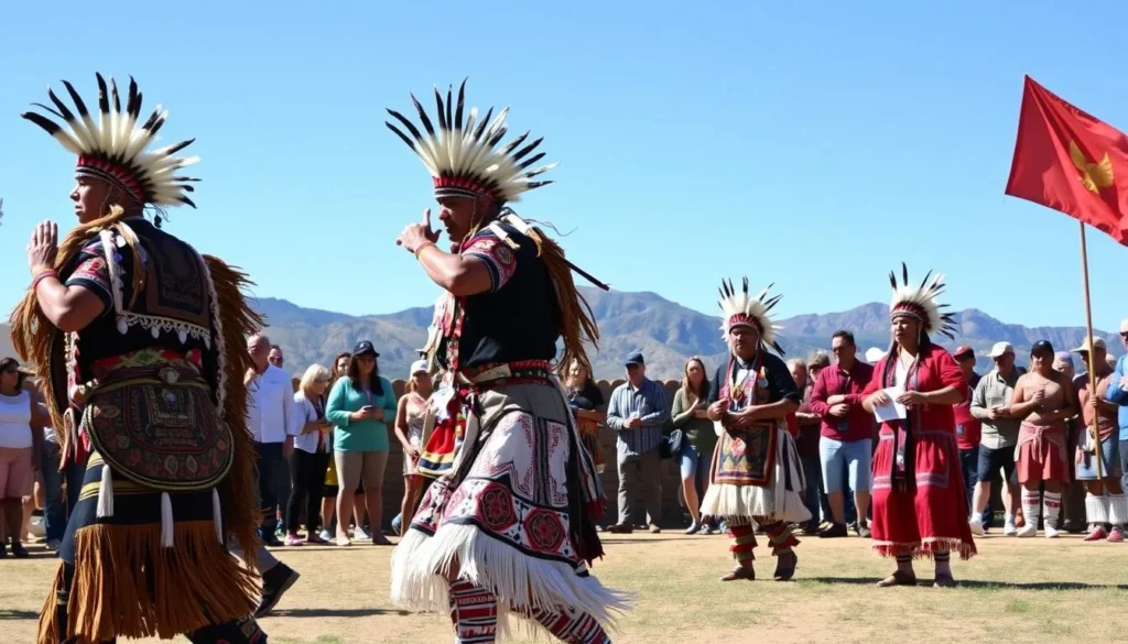 Traditional Native American festival with dancers in colorful regalia