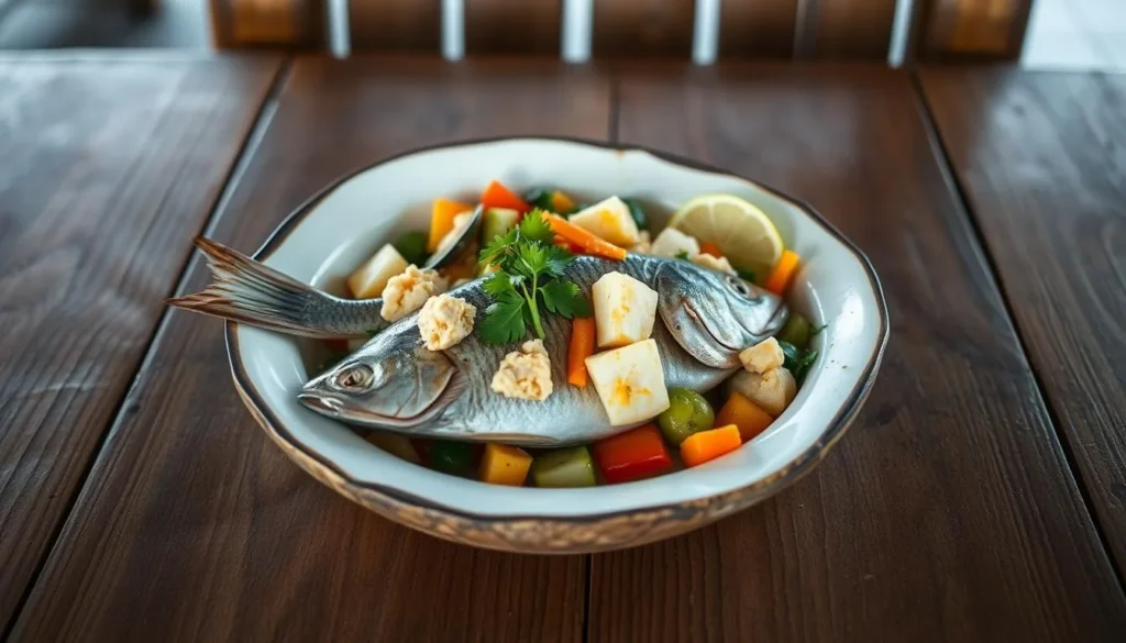 Traditional Nauruan seafood dish with coconut and local vegetables