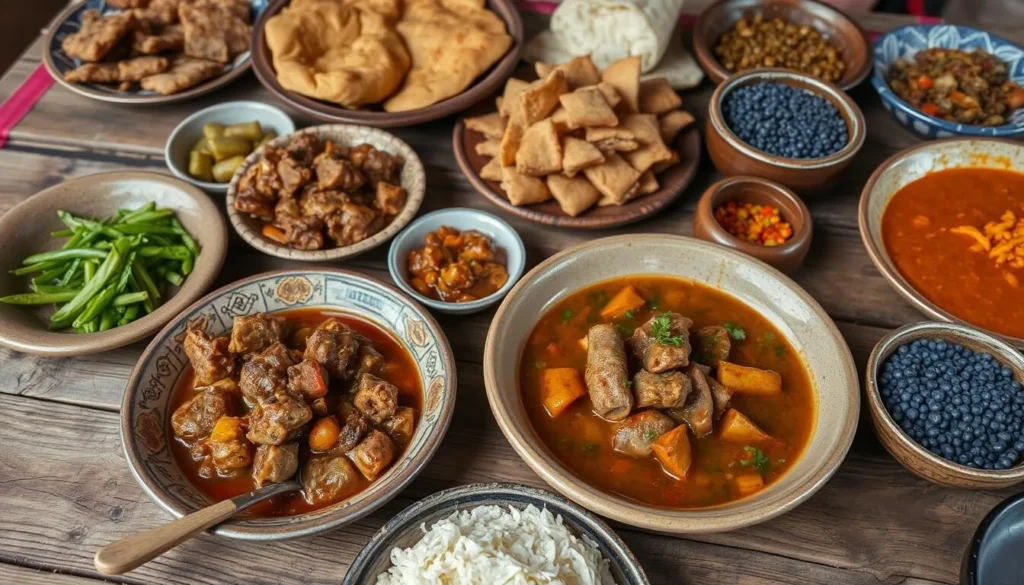 Traditional Navajo food display with fry bread and other local cuisine items