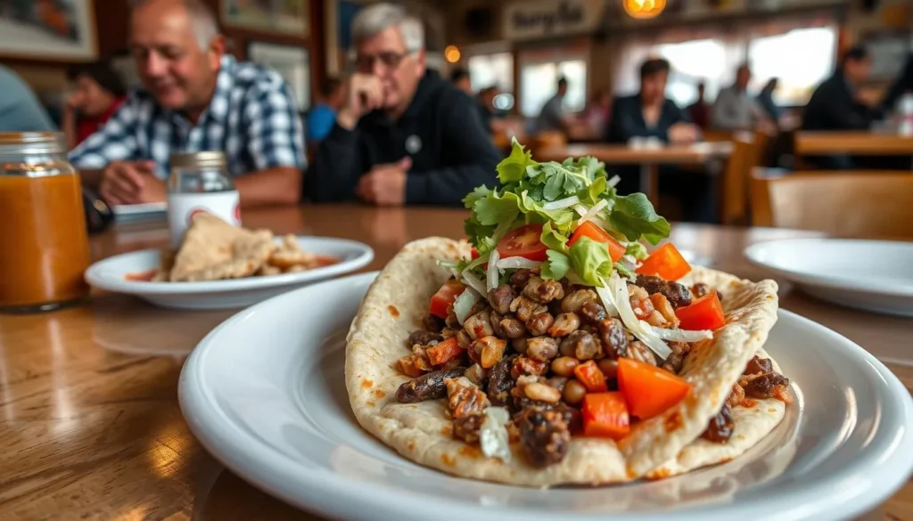 Traditional Navajo fry bread taco being served at a local restaurant in Chinle