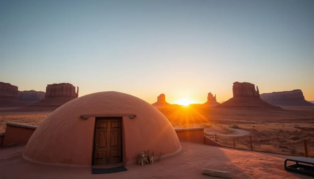 Traditional Navajo hogan accommodation with Monument Valley buttes in the background at sunset