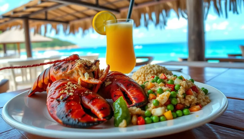 Traditional Nevisian cuisine featuring fresh seafood, local vegetables, and the famous Killer Bee rum punch, a must-try when exploring Newcastle Nevis things to do Traditional Nevisian cuisine featuring fresh seafood, local vegetables, and the famous Killer Bee rum punch, a must-try when exploring Newcastle Nevis things to do