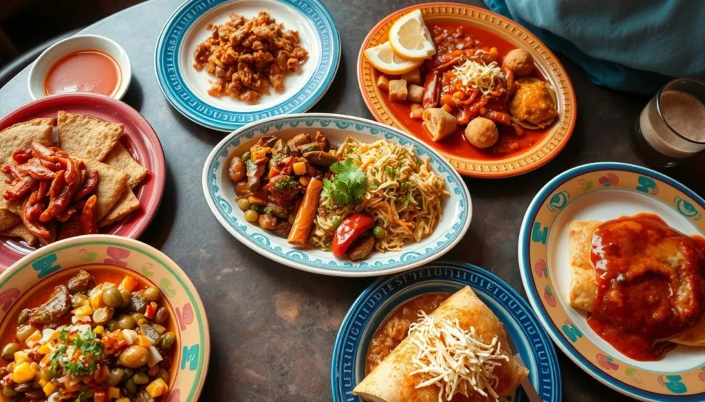 Traditional New Mexican cuisine featuring colorful dishes with local chile Traditional New Mexican cuisine featuring colorful dishes with local chile