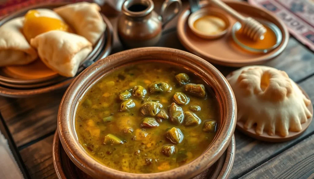 Traditional New Mexican meal with green chile stew and sopapillas on a rustic table Traditional New Mexican meal with green chile stew and sopapillas on a rustic table
