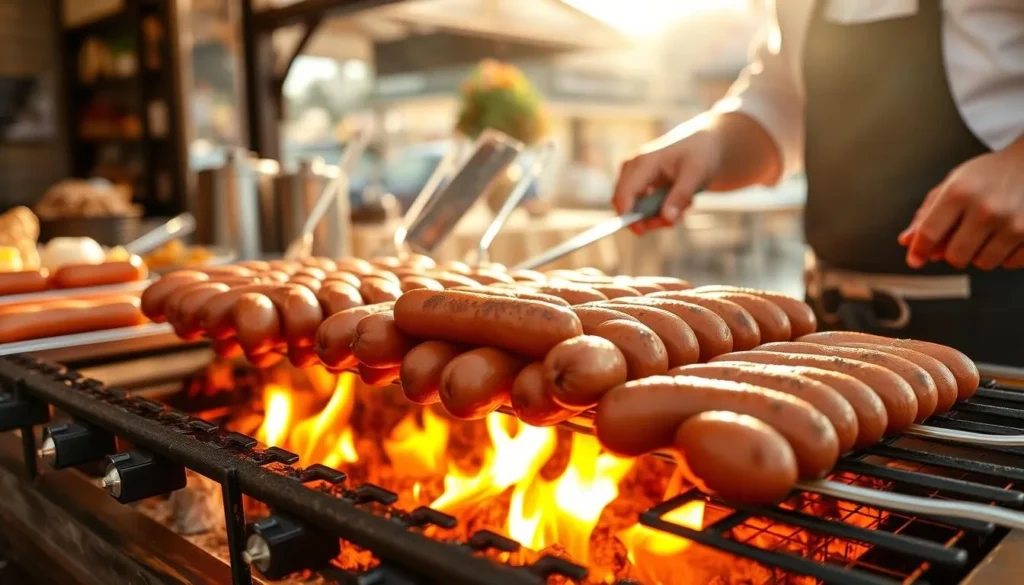 Traditional Nuremberg bratwurst being grilled over an open flame