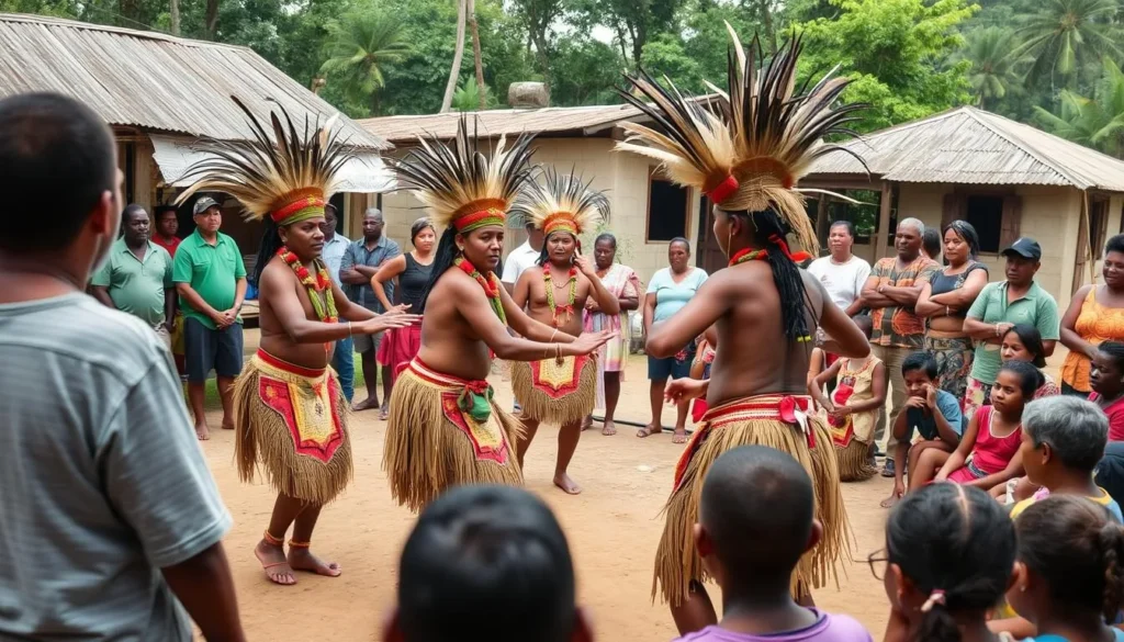 Traditional Patamona cultural performance with dancers in ceremonial attire