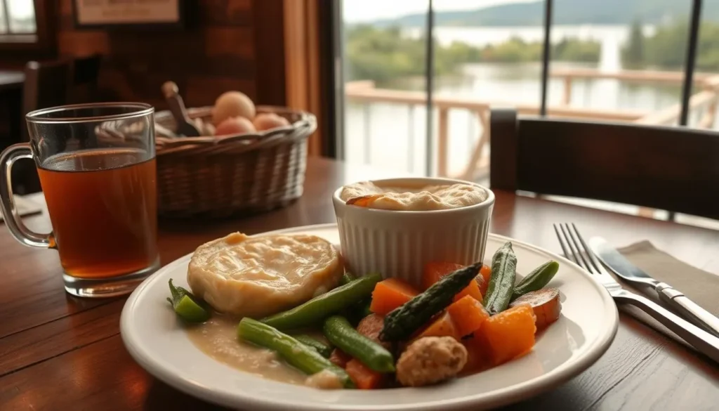 Traditional Pennsylvania Dutch meal with chicken pot pie, fresh vegetables, and apple cider at a lakeside restaurant Traditional Pennsylvania Dutch meal with chicken pot pie, fresh vegetables, and apple cider at a lakeside restaurant
