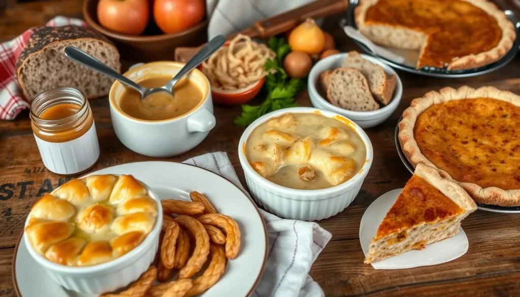 Traditional Pennsylvania Dutch meal with pot pie, apple butter, and shoofly pie