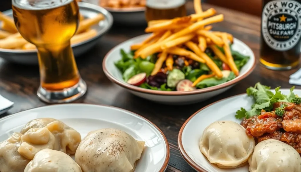 Traditional Pittsburgh cuisine including pierogies and Pittsburgh salad Traditional Pittsburgh cuisine including pierogies and Pittsburgh salad