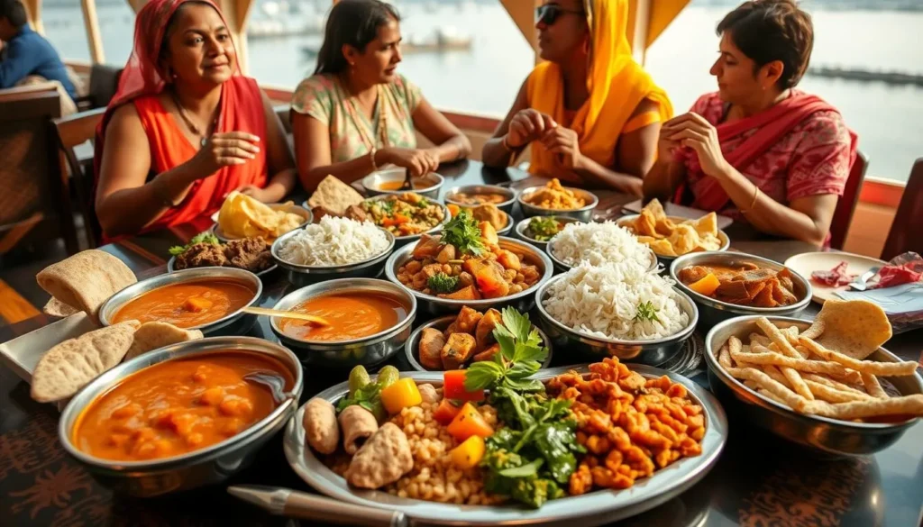 Traditional Rajasthani thali meal with various dishes served in Udaipur restaurant with lake view