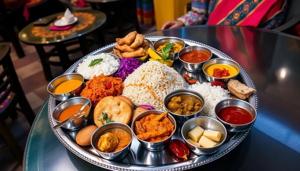 Traditional Rajasthani thali meal with various dishes served on a metal plate