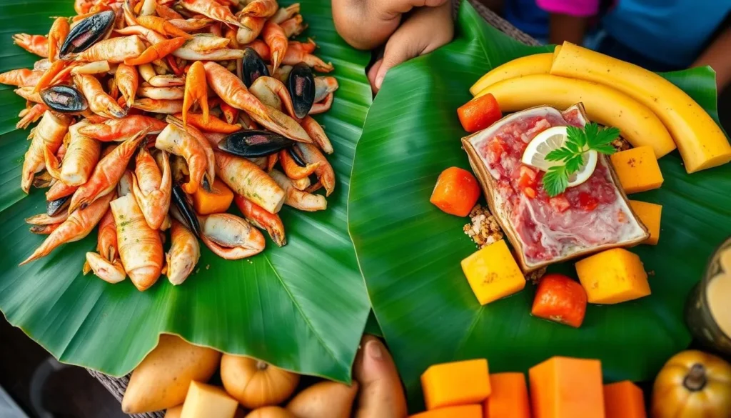 Traditional Rapa Nui feast with seafood and local dishes, highlighting the culinary aspects covered in this Easter Island travel guide