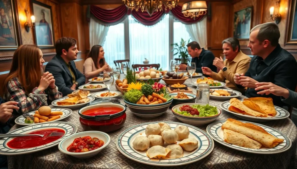 Traditional Russian cuisine served at a restaurant in Bryansk with colorful dishes and diverse diners Traditional Russian cuisine served at a restaurant in Bryansk with colorful dishes and diverse diners