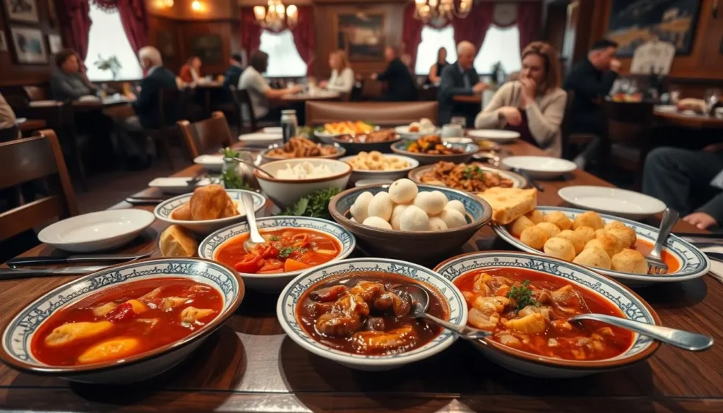 Traditional Russian cuisine served in a Penza restaurant with colorful dishes and local specialties