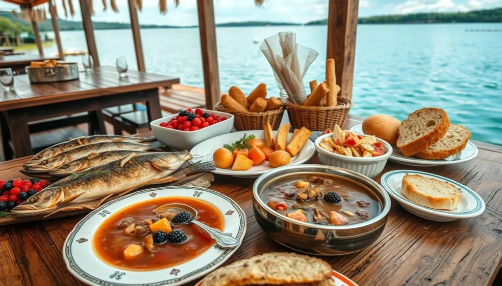 Traditional Russian dishes including freshwater fish, mushrooms, and berries served at a lakeside restaurant