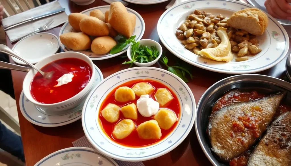 Traditional Russian dishes served at a restaurant in Saratov including borscht and pelmeni Traditional Russian dishes served at a restaurant in Saratov including borscht and pelmeni