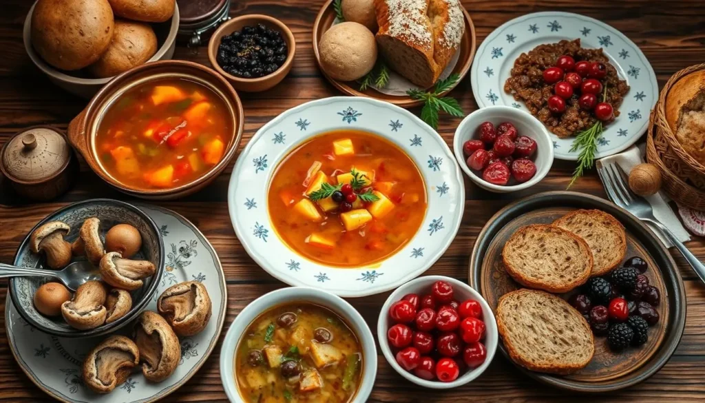 Traditional Russian food with mushrooms and berries from Meshchyora National Park Traditional Russian food with mushrooms and berries from Meshchyora National Park