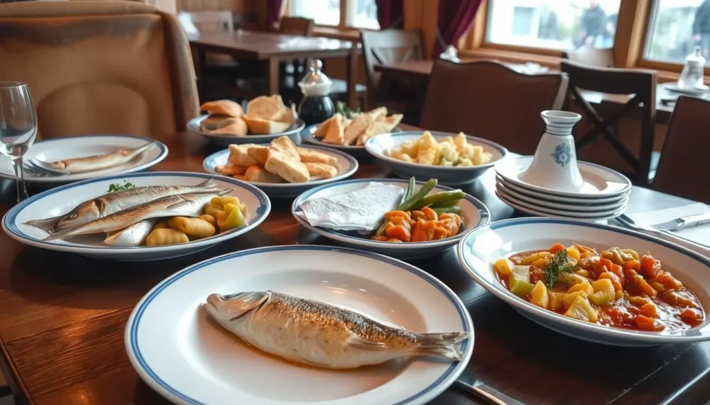 Traditional Russian meal with fish dishes from Lake Plescheevo served at a local restaurant