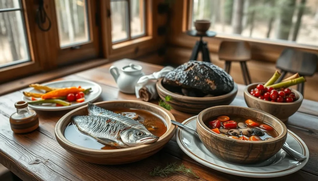 Traditional Russian meal with freshly caught fish from Sebezhsky National Park lakes
