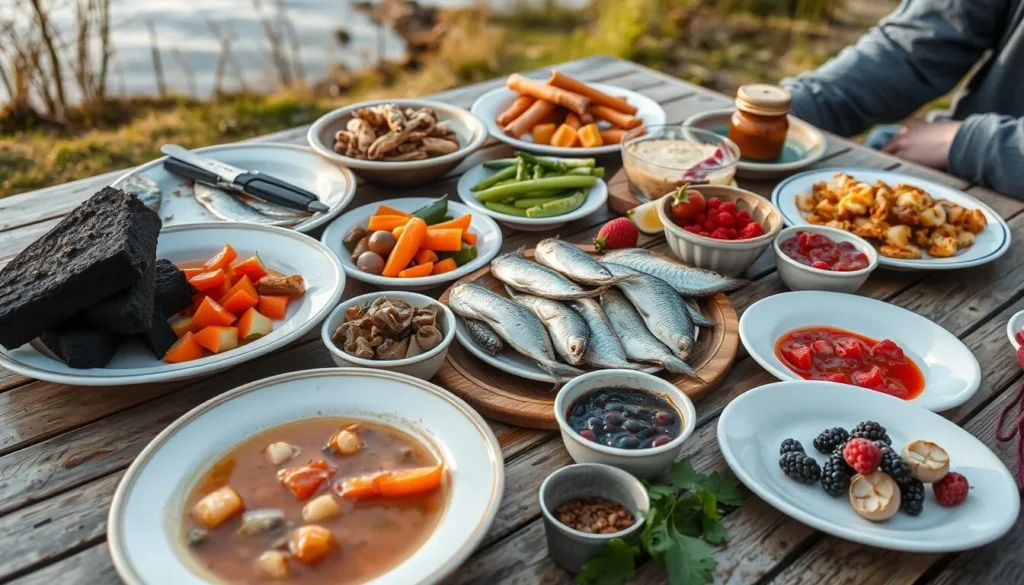 Traditional Russian meal with local specialties from the Lake Rudanovskoye region Traditional Russian meal with local specialties from the Lake Rudanovskoye region