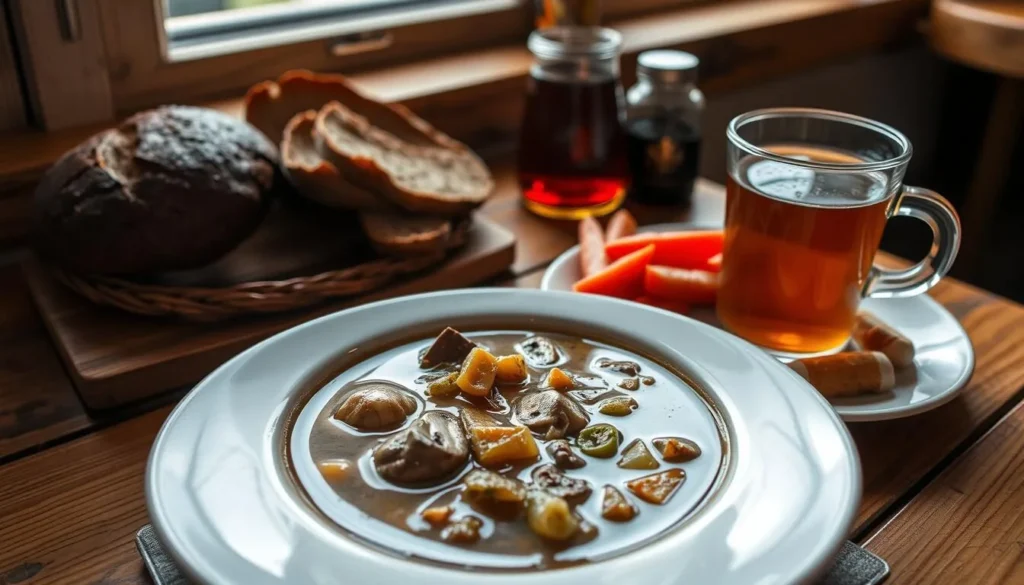 Traditional Russian meal with soup, bread, and tea served at a restaurant near Smolenskoye Poozerye National Park Traditional Russian meal with soup, bread, and tea served at a restaurant near Smolenskoye Poozerye National Park